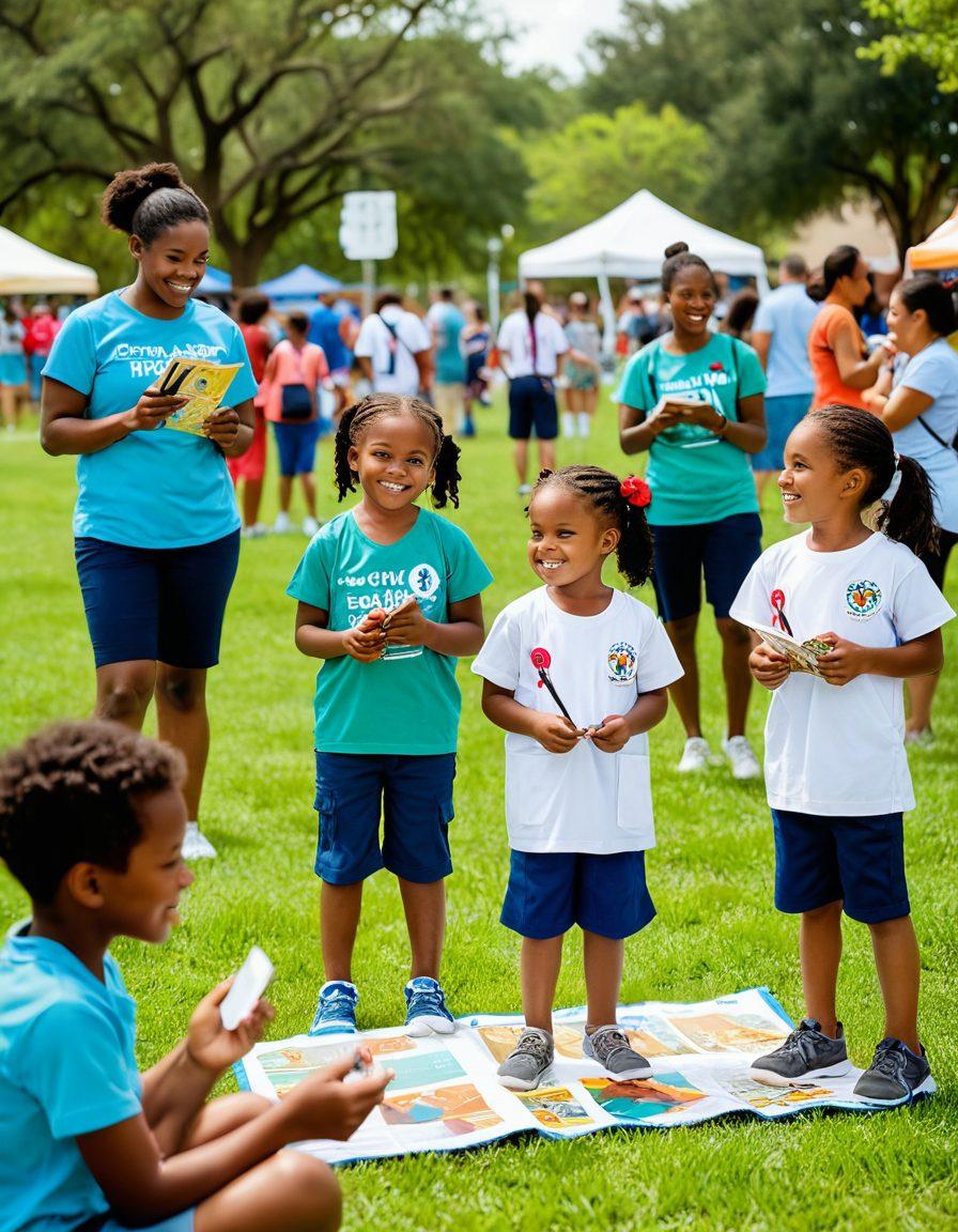 A vibrant Texas landscape featuring diverse families engaged in health-related activities, such as a parent reading a health guide to children, a community health fair with informative booths, and green parks where families are playing together. Include elements symbolizing pediatric health, like colorful illustrations of children with stethoscopes and health resources. The scene should evoke a sense of community and empowerment. super-realistic. vibrant colors. sunny atmosphere.