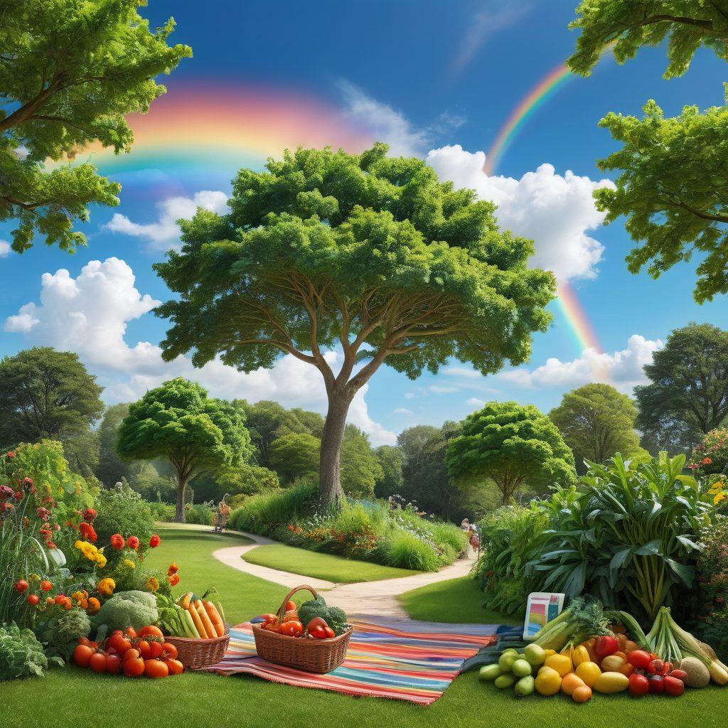 A cheerful scene depicting diverse children playing in a lush green park, showcasing various activities like climbing, cycling, and playing soccer, symbolizing healthy growth and development. Include elements of education with colorful books and a small garden with vegetables nearby, promoting nutrition. The background should feature a bright blue sky with fluffy clouds and a rainbow for vibrancy. super-realistic. vibrant colors.