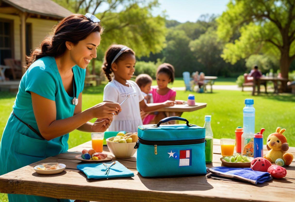A warm, inviting scene of a diverse Texas family engaged in outdoor activities with their children, surrounded by lush green hills and blue skies. Showcase a caring parent gently checking a child's temperature with a digital thermometer while another parent prepares healthy snacks at a picnic table nearby. Include elements like a doctor's bag, colorful children's toys, and a Texas flag in the background to symbolize family health and empowerment. super-realistic. vibrant colors. bright sky.